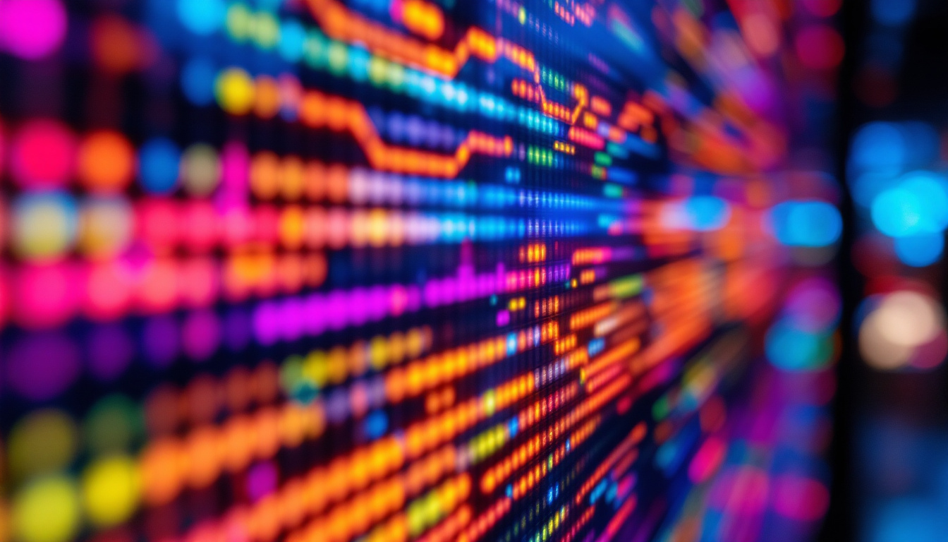 A photograph of a close-up of a vibrant led display showcasing dynamic visuals