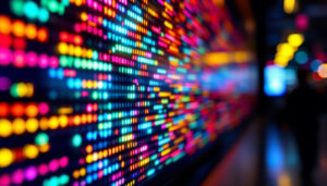 A photograph of a close-up of a vibrant led display showcasing video content
