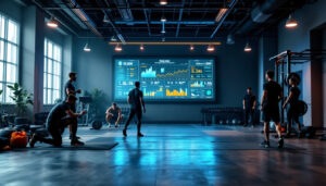 A photograph of a vibrant indoor training facility showcasing athletes engaged in various training activities