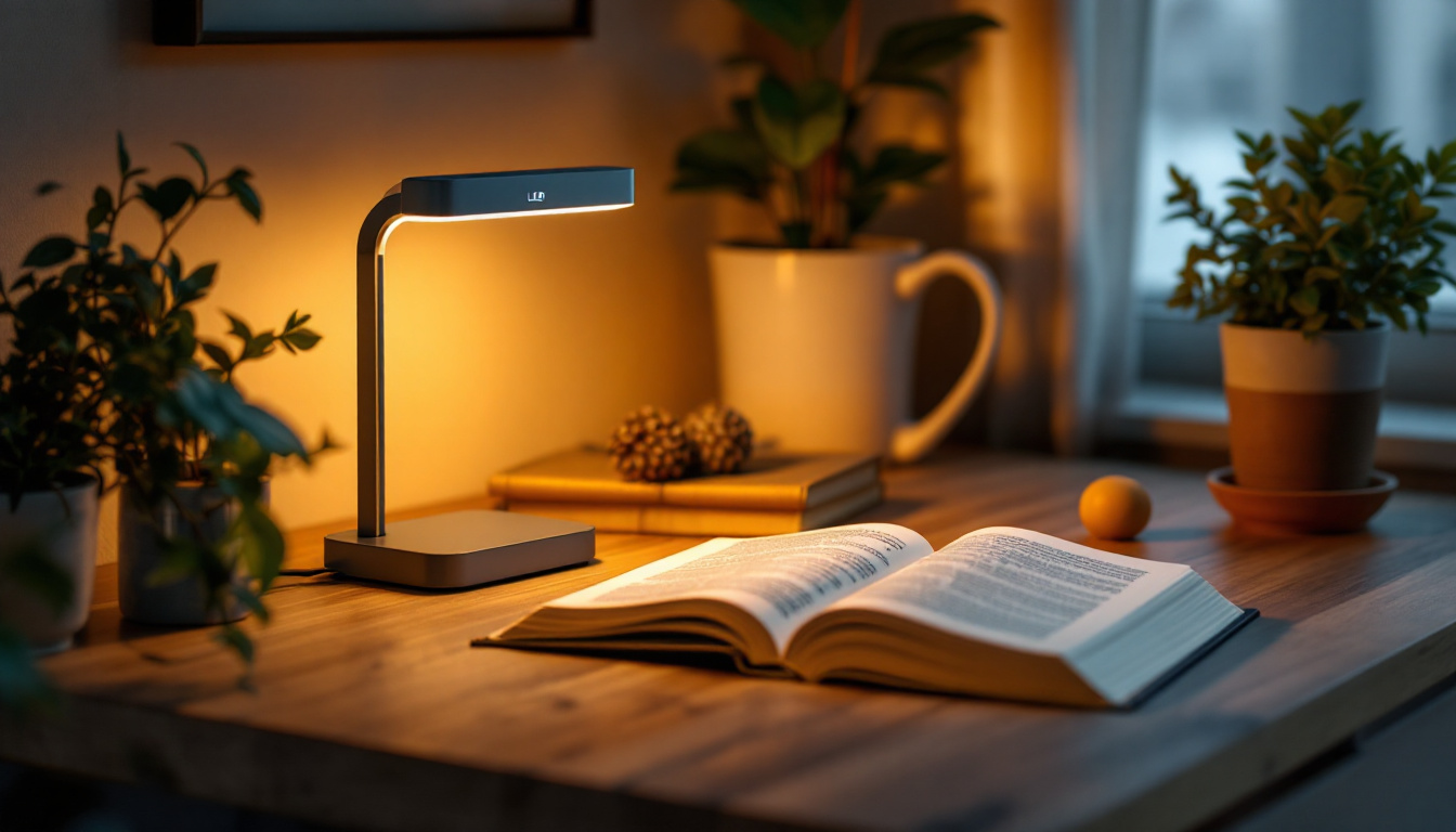 A photograph of a stylish tabletop reading light with an led display