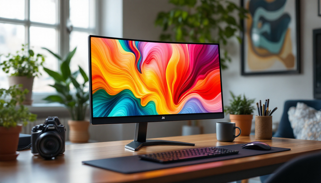 A photograph of a sleek portable 2k monitor set up in an inspiring workspace