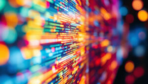 A photograph of a close-up shot of a vibrant led display in use