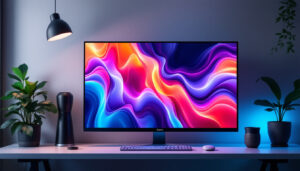A photograph of a sleek lcd monitor displaying vibrant colors and sharp images