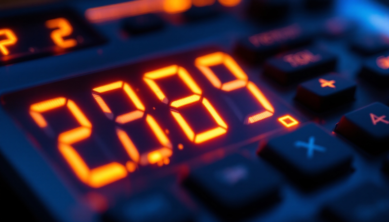 A photograph of a close-up shot of a diagonal calculator's led display