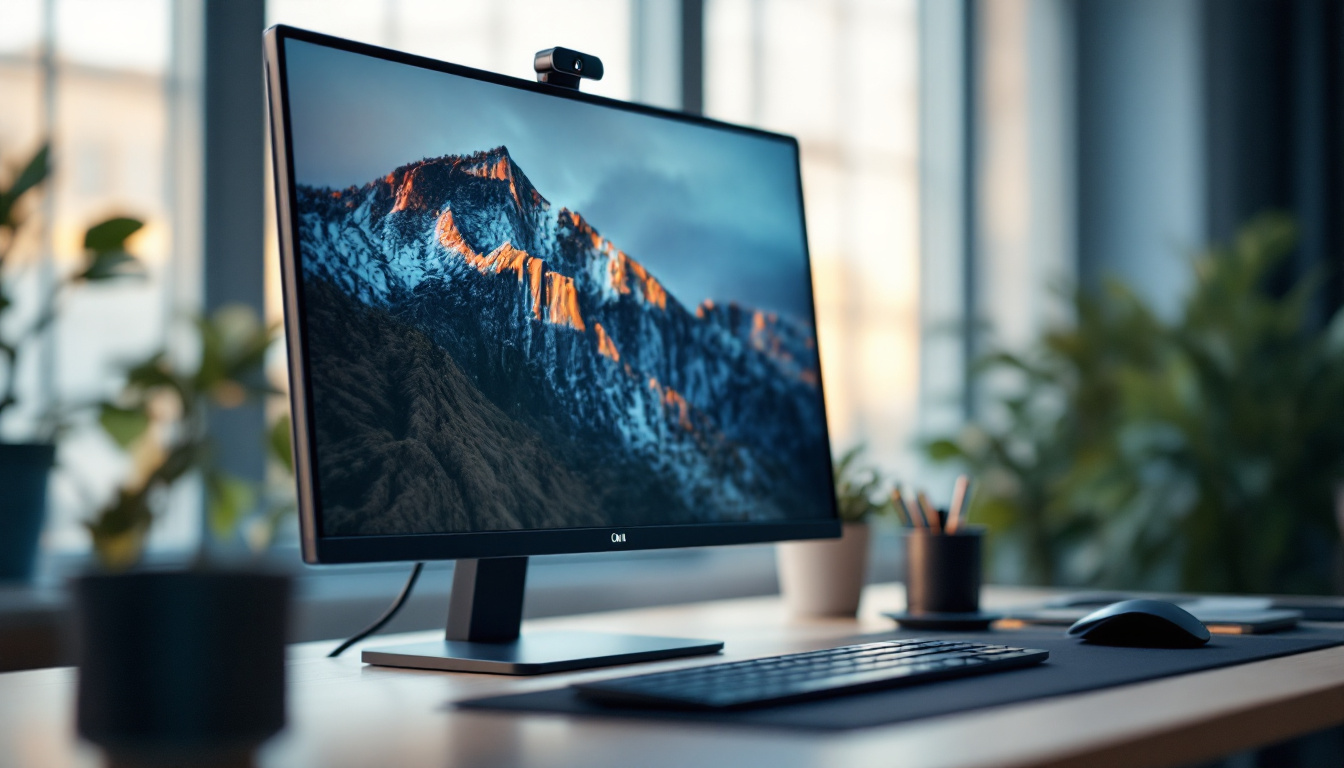 A photograph of a sleek desktop monitor with a built-in camera