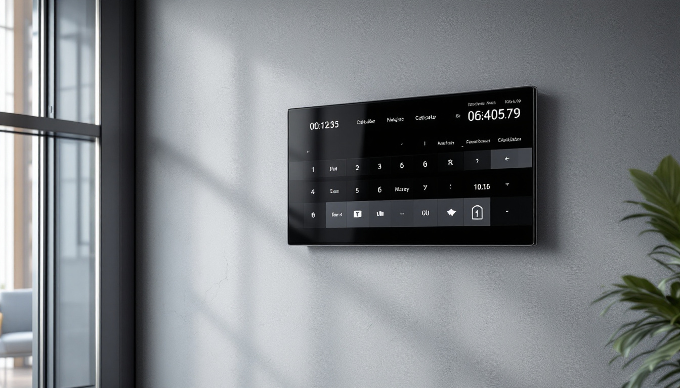 A photograph of a sleek wall-mounted led display showcasing a digital calculator interface