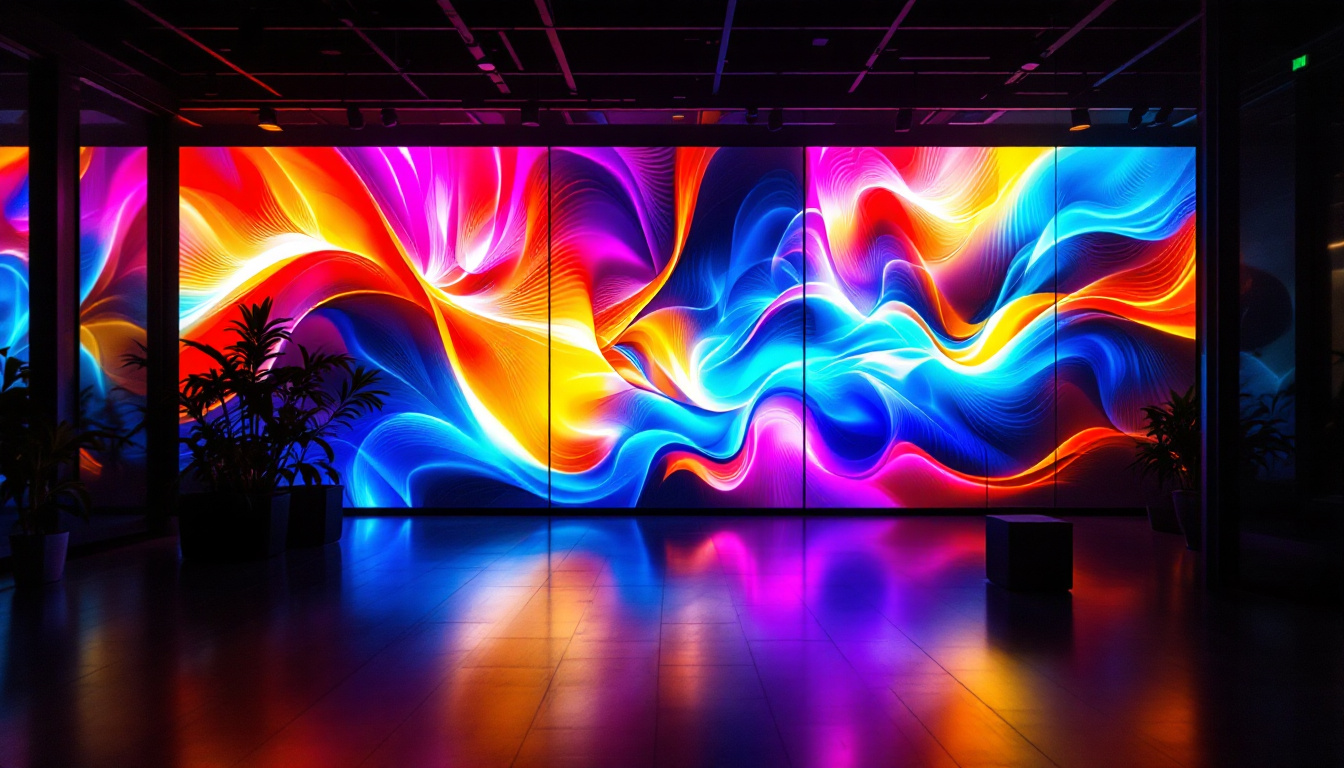 A photograph of a vibrant led wall display in a dimly lit environment