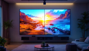 A photograph of a side-by-side comparison of a projector screen and a painted wall displaying the same led content