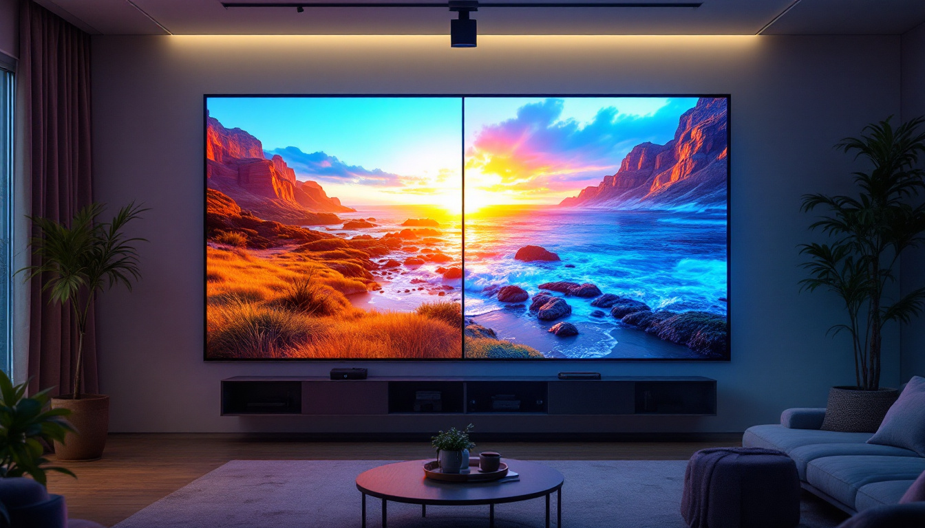 A photograph of a side-by-side comparison of a projector screen and a painted wall displaying the same led content