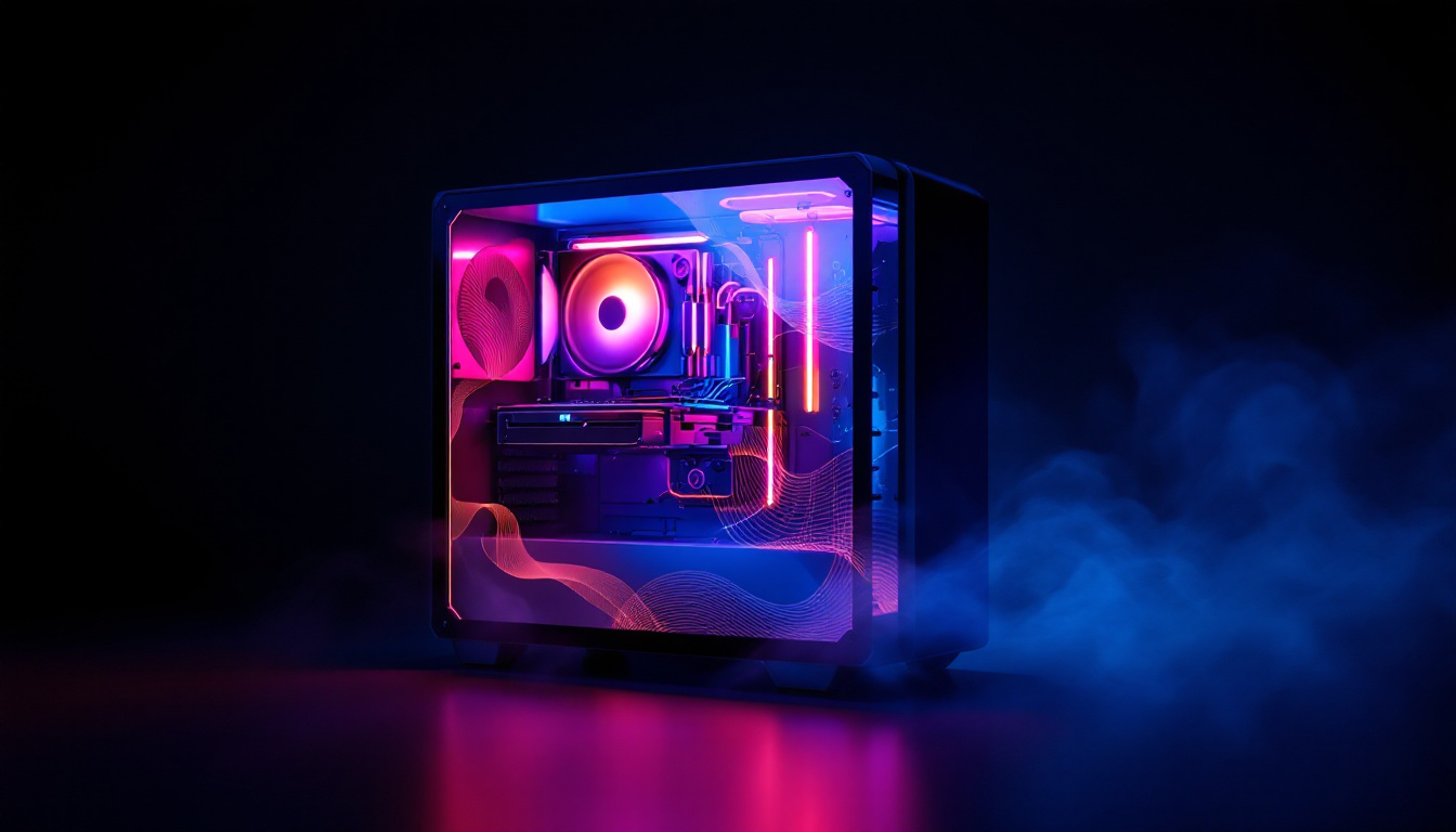 A photograph of capture a photograph of a sleek computer case featuring a vibrant lcd screen displaying dynamic led graphics