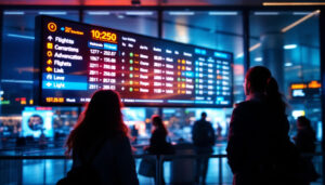 A photograph of capture a photograph of a vibrant led display at an airport