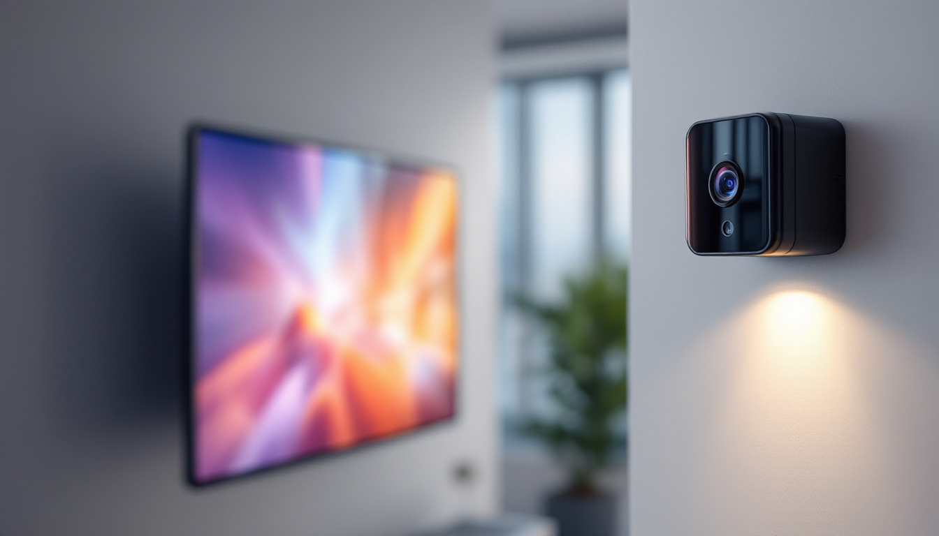 A photograph of a sleek wall-mounted camera displaying a vibrant led screen
