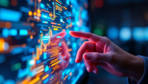 A photograph of a close-up of a vibrant touch screen led display in action