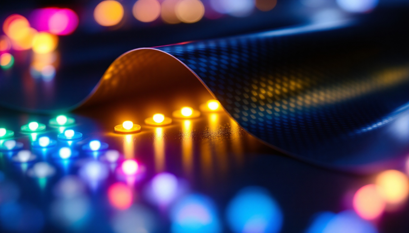 A photograph of a close-up view of flexible carbon fiber sheets being used in an led display setup