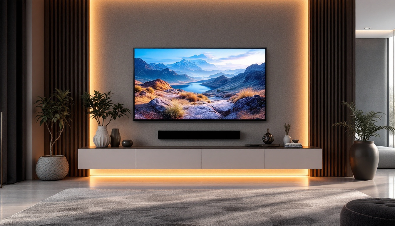A photograph of a stylish large entertainment center wall unit featuring an led display