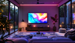 A photograph of a modern screened room featuring a vibrant led display
