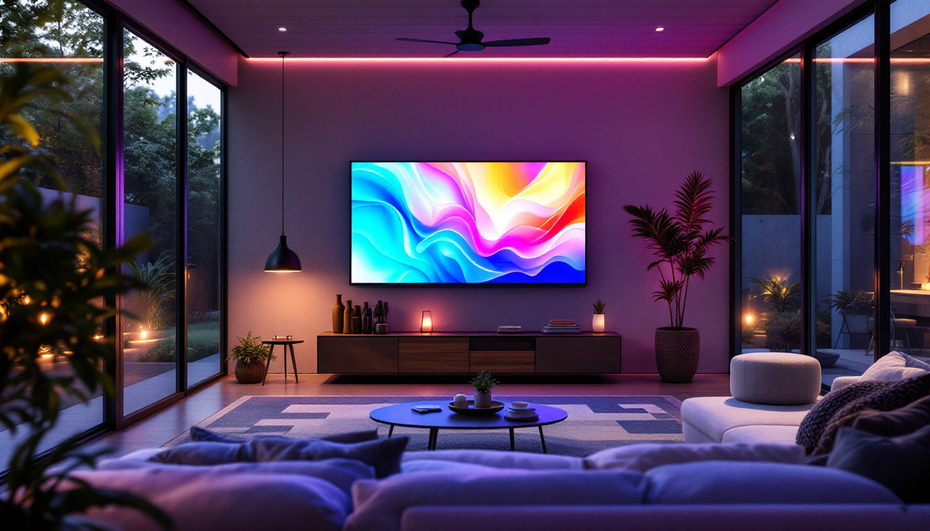 A photograph of a modern screened room featuring a vibrant led display