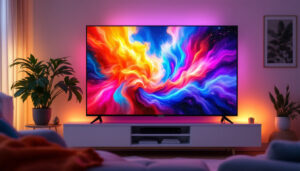 A photograph of capture a photograph of a vibrant led tv displaying a colorful and dynamic scene