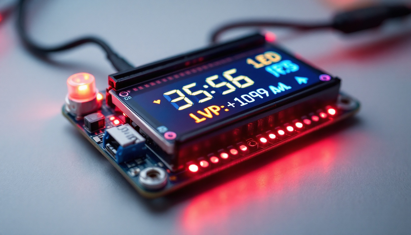 A photograph of a close-up shot of an lcd controller board with an led display powered on