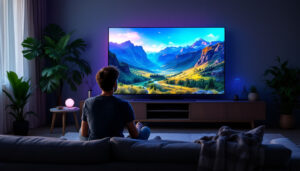 A photograph of a person comfortably viewing a large led tv from various distances in a well-lit living room setting