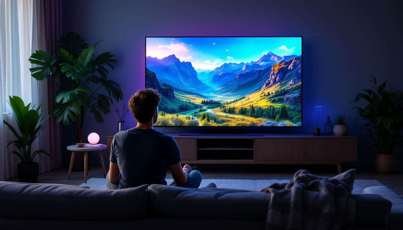 A photograph of a person comfortably viewing a large led tv from various distances in a well-lit living room setting