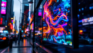 A photograph of a vibrant led display in an urban setting