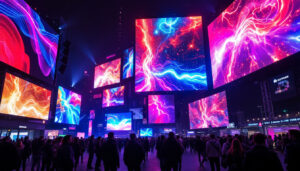 A photograph of a vibrant led display showcasing various sizes and resolutions