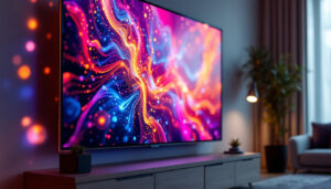 A photograph of a close-up shot of a microled tv screen displaying vibrant colors and intricate details