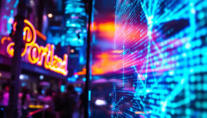 A photograph of capture a photograph of a vibrant led display in a bustling portland setting