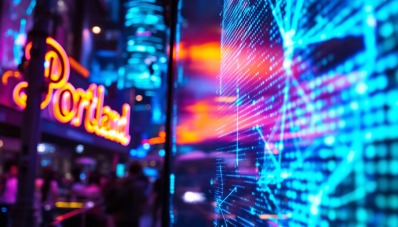 A photograph of capture a photograph of a vibrant led display in a bustling portland setting