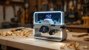 A photograph of a hand planer stand featuring a clear led display
