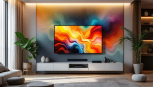 A photograph of a modern living room featuring a stylish tv backdrop wall panel with integrated led display