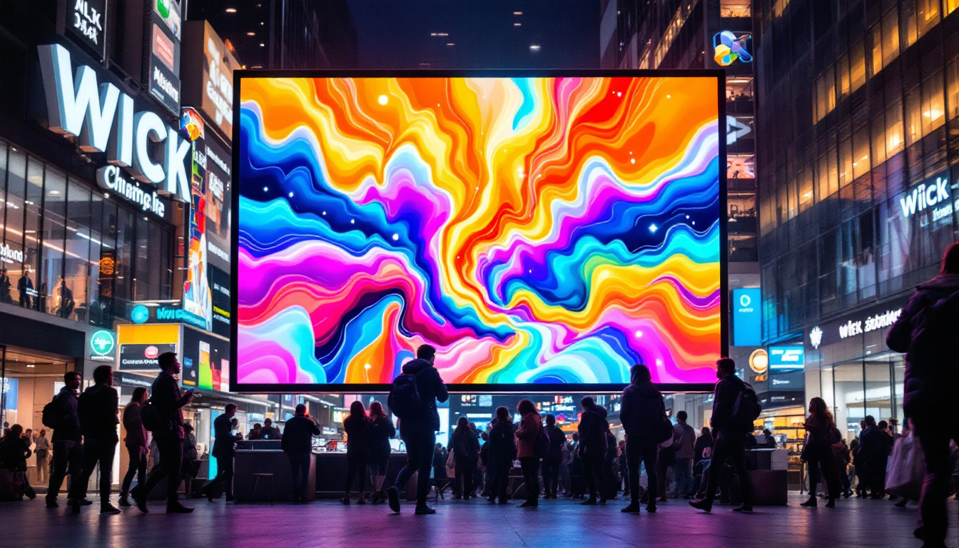 A photograph of a vibrant led digital signage display in a bustling urban environment
