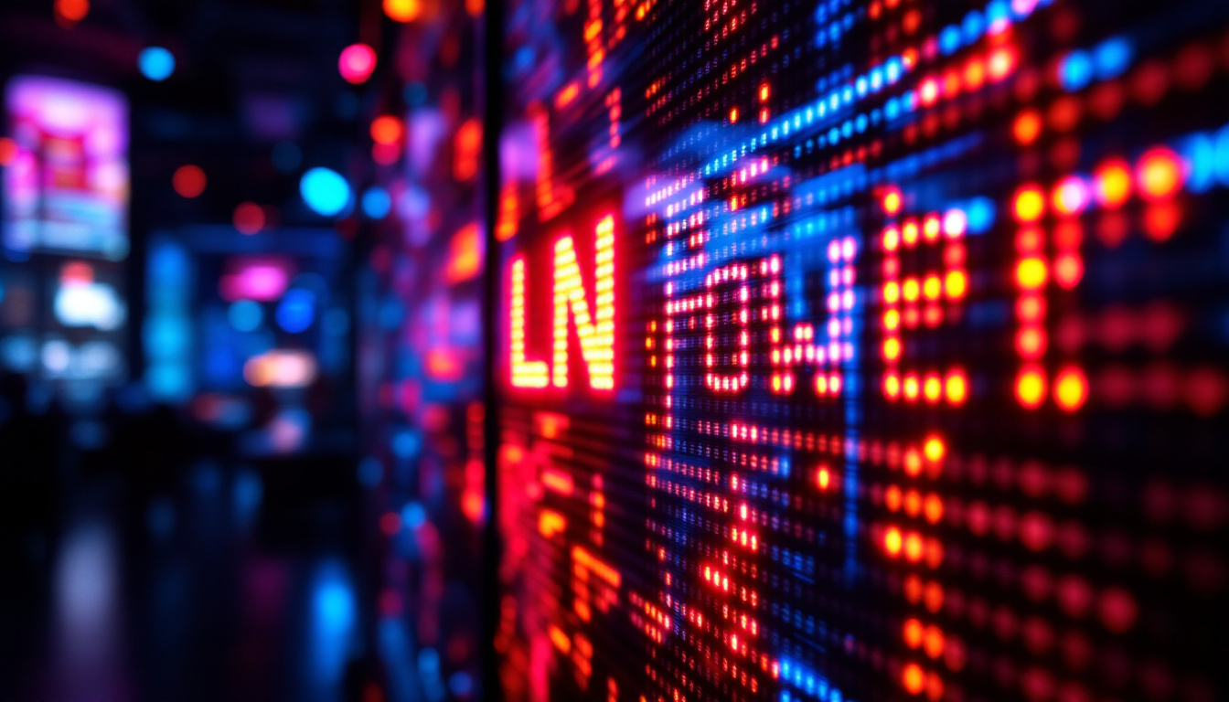 A photograph of a vibrant led display showcasing dynamic visuals or text