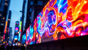 A photograph of a vibrant led display showcasing dynamic visuals