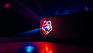 A photograph of capture a photograph of a vibrant custom logo projector light in action