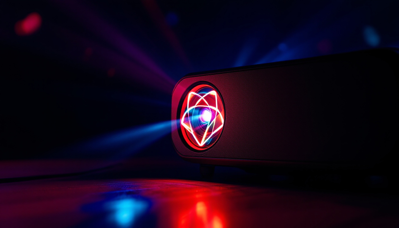 A photograph of capture a photograph of a vibrant custom logo projector light in action