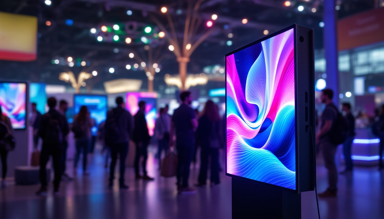 A photograph of capture a photograph of a vibrant led display stand in a dynamic event setting