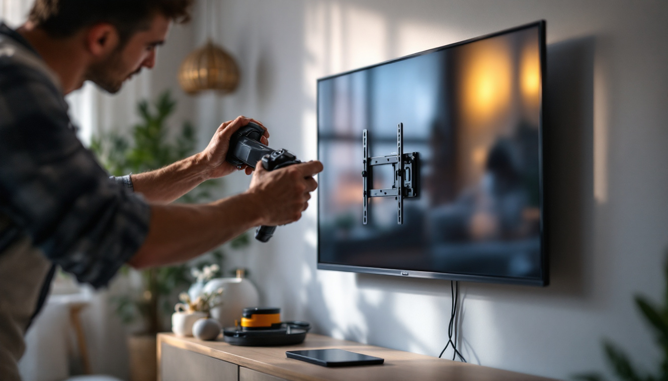 A photograph of a person securely attaching a sleek led tv to a modern wall mount