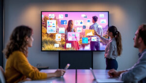 A photograph of capture a photograph of a vibrant interactive flat panel display in use