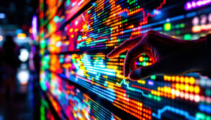 A photograph of a close-up shot of a vibrant led display in action