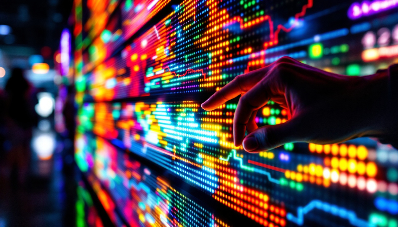 A photograph of a close-up shot of a vibrant led display in action