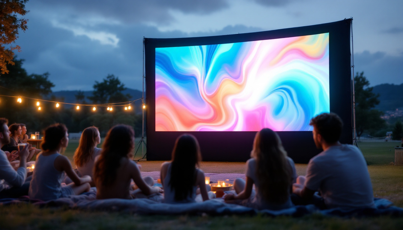 A photograph of a large portable movie screen set up outdoors