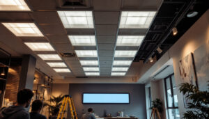 A photograph of a well-lit interior space showcasing the step-by-step installation process of 12x12 ceiling tiles