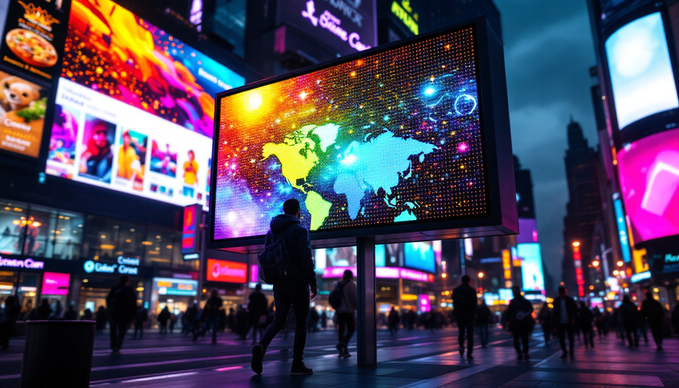 A photograph of a vibrant led display in a bustling urban environment