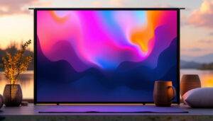 A photograph of a sleek outdoor portable privacy screen featuring an integrated led display
