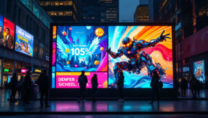 A photograph of a vibrant led display in an urban setting