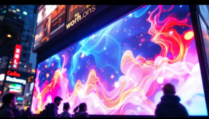 A photograph of a vibrant digital led display in a bustling urban setting