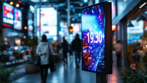 A photograph of a vibrant led display showcasing internet service offerings in a bustling hillsboro