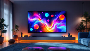 A photograph of a large touch screen tv monitor displaying vibrant led visuals in a modern living room setting